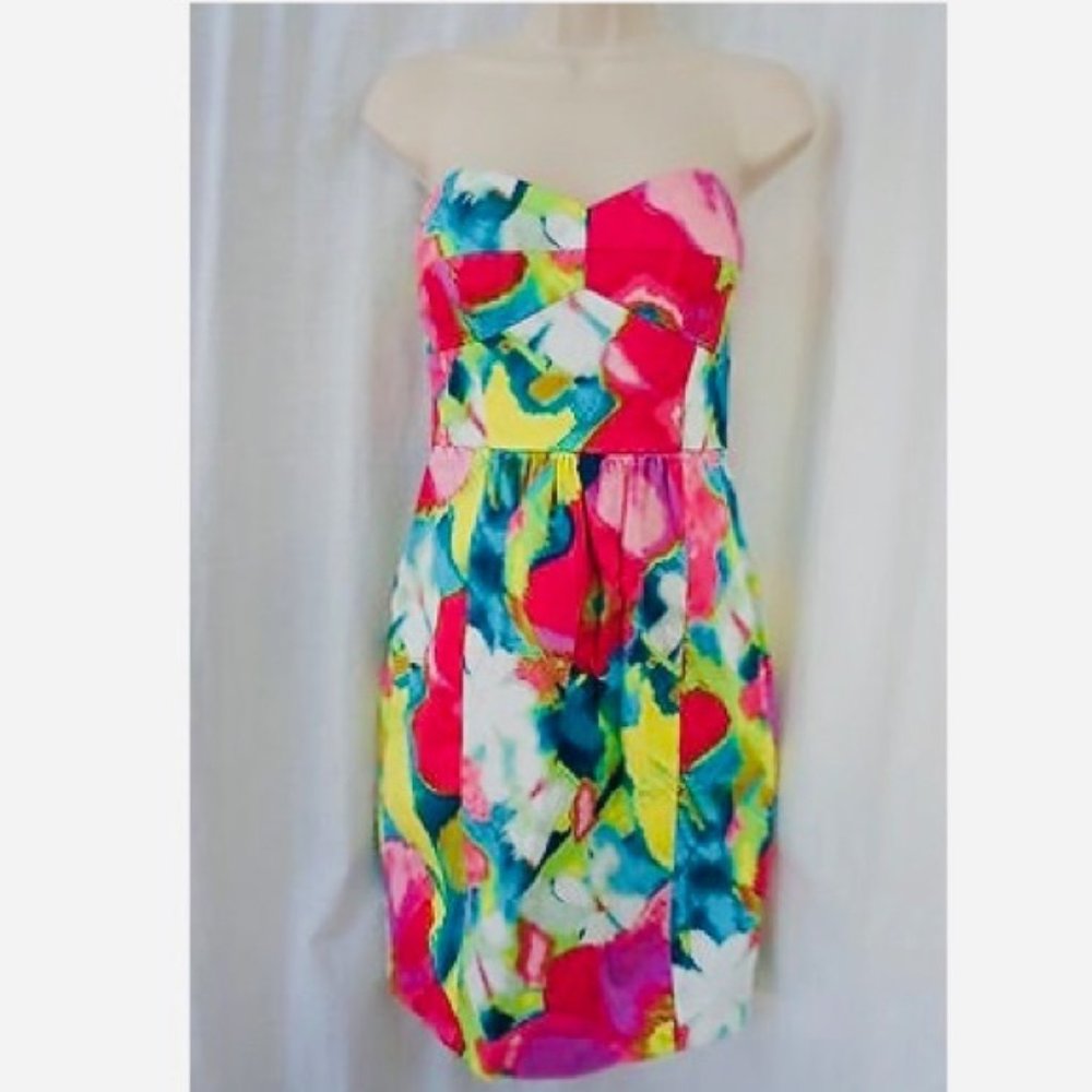 Donna Morgan Vintage Floral Watercolor Neon Strapless Spring dress